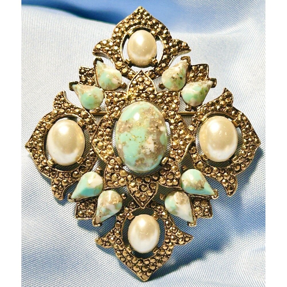 Vintage Sarah Coventry Brooch Pendant Imitation Turquoise Gold Tone Remembrance